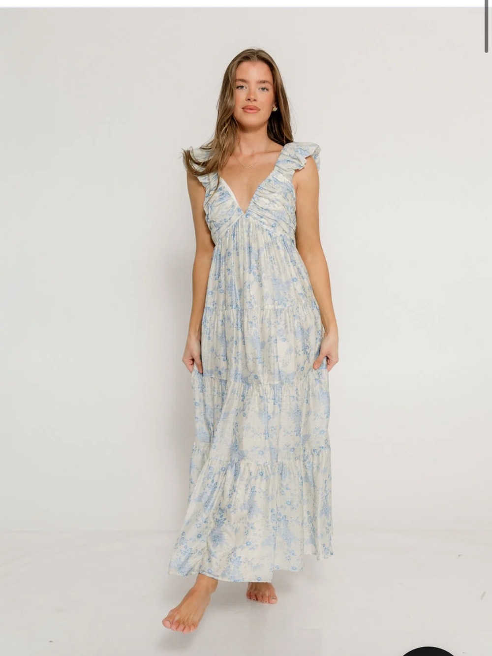 MARBLE Cream and Light Blue Floral Maxi Dress with Ruffle Shoulders